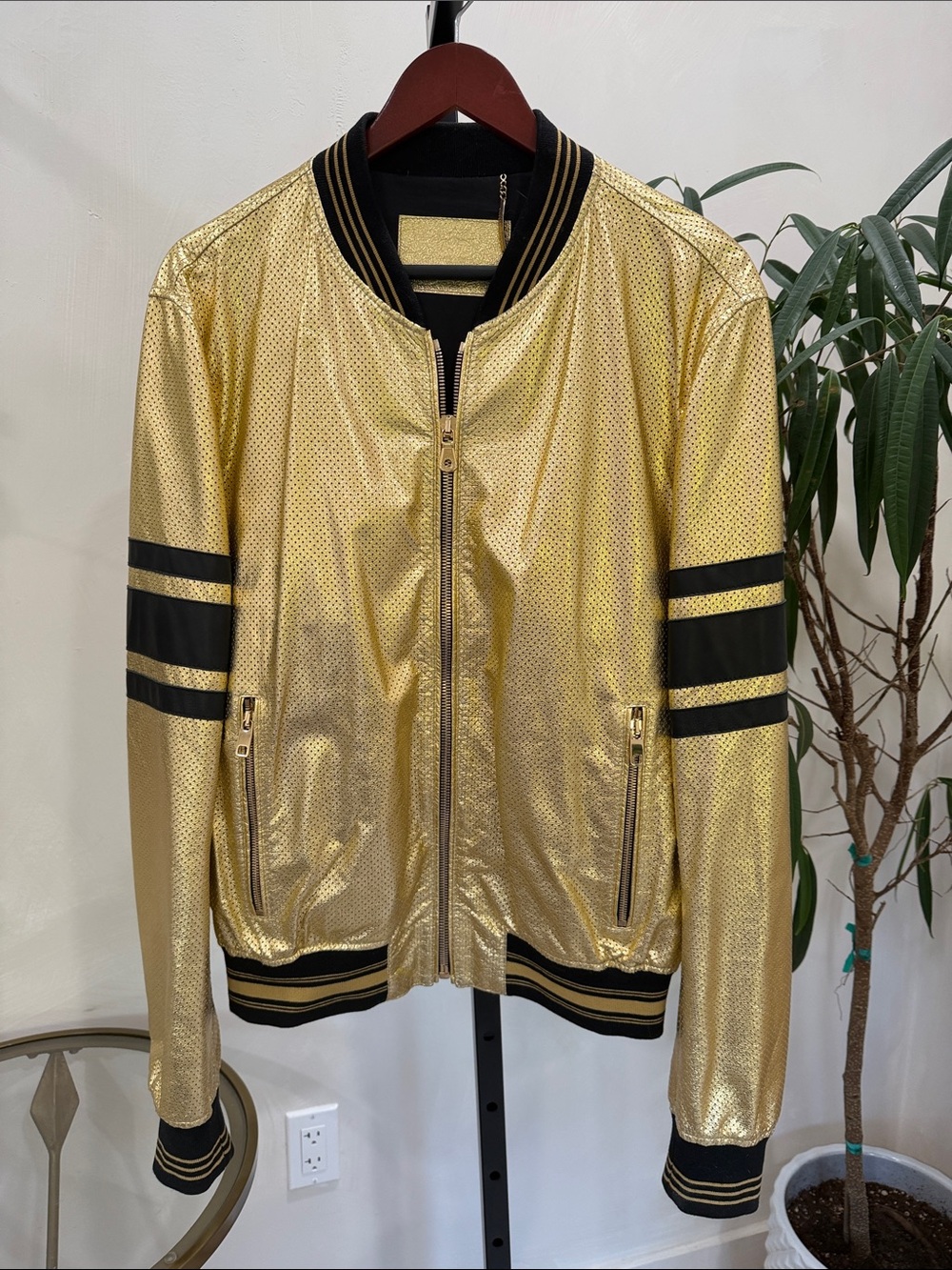 Dolce & Gabbana Gold Metallic Bomber Jacket with Black Stripes